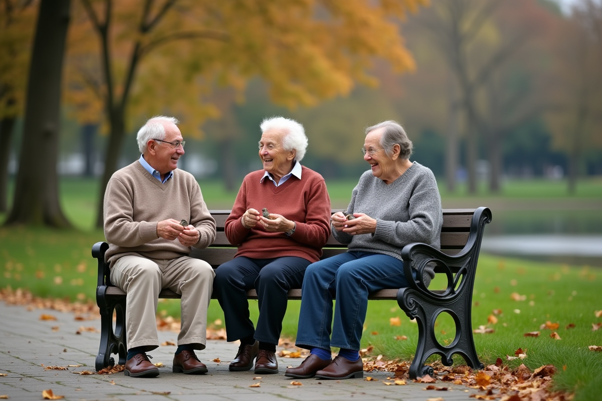 Groupe de personnes âgées rieuses nourrissant des oiseaux dans un parc