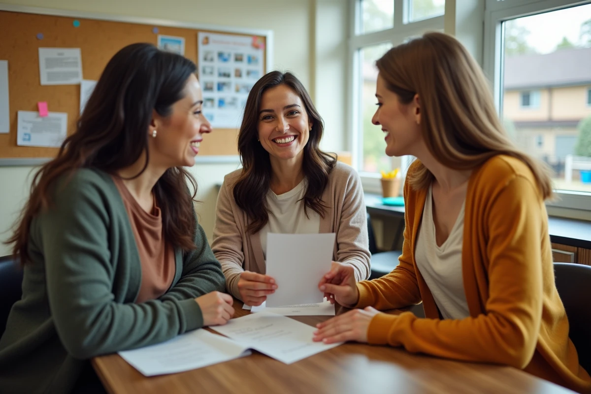 Groupe de maîtresses d'école partageant un message de remerciement dans la salle des professeurs