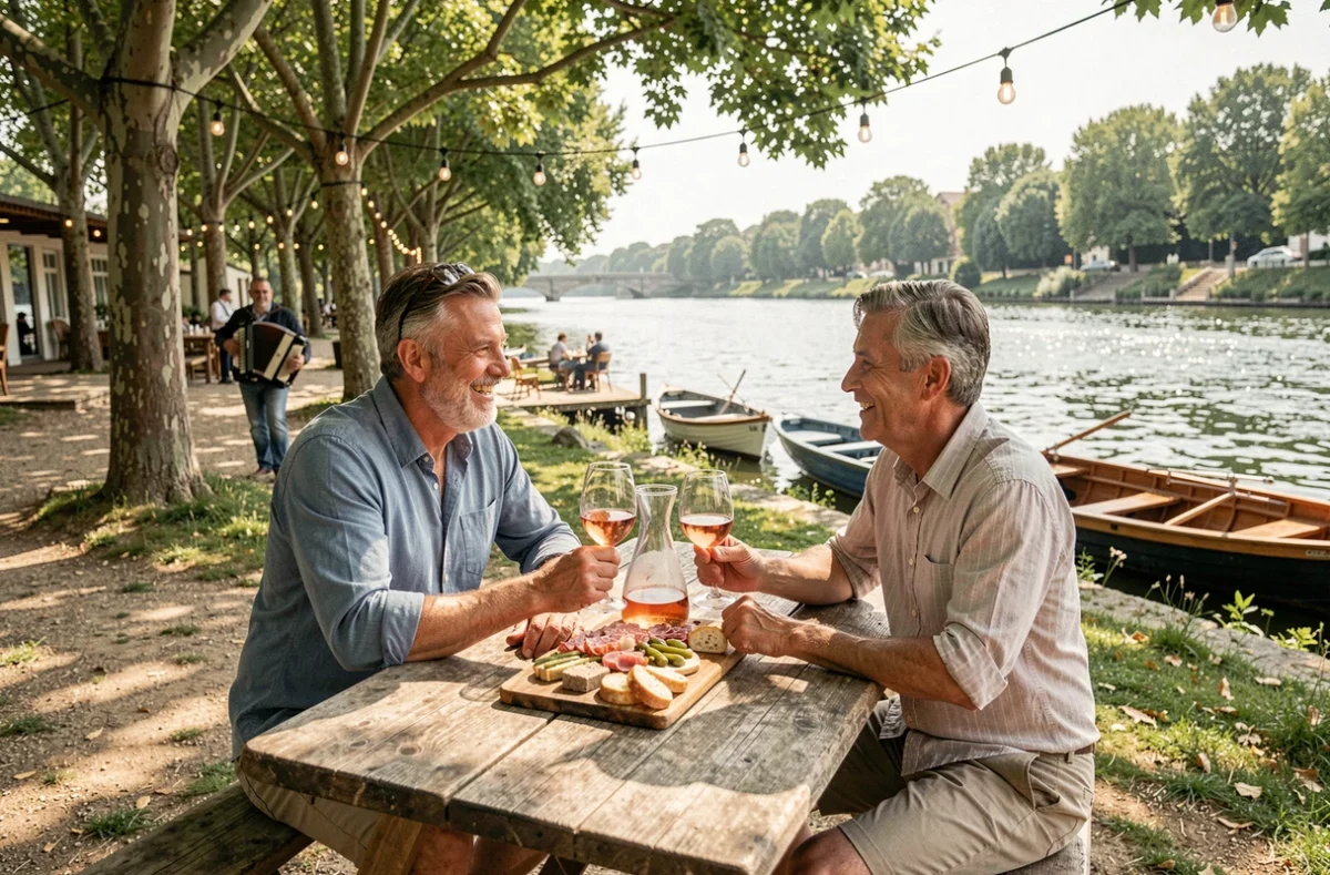 Couple profitant d'une guinguette au bord de la Marne avec une planche de charcuterie et un verre de rosé dans une ambiance festive estivale