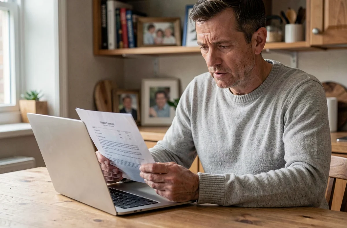 Un homme consultant des documents juridiques d'habilitation familiale à son domicile avec un ordinateur portable