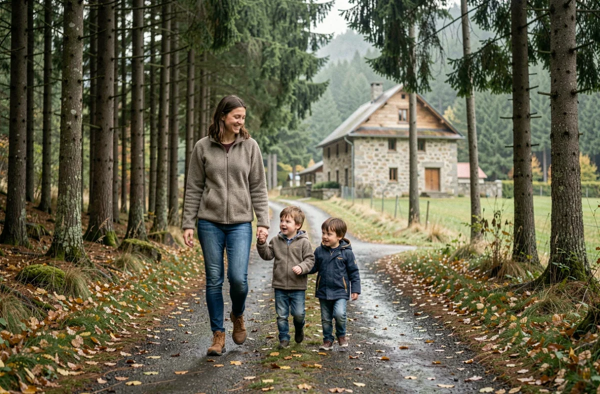 Baby-sitter de la Halte Garderie Jean Macé Gérardmer tenant la main d'un enfant lors d'une promenade sur un sentier forestier vosgien en automne