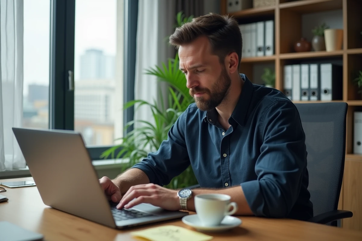 Homme au bureau tapant un texte anniversaire 40 ans original sur son ordinateur portable avec un café