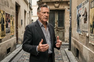 Homme en costume années 1970 dans une ruelle parisienne pavée, évoquant l'atmosphère du récit entourant Jacques Mesrine
