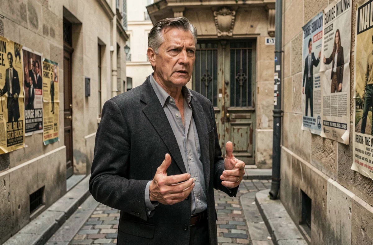 Homme en costume années 1970 dans une ruelle parisienne pavée, évoquant l'atmosphère du récit entourant Jacques Mesrine