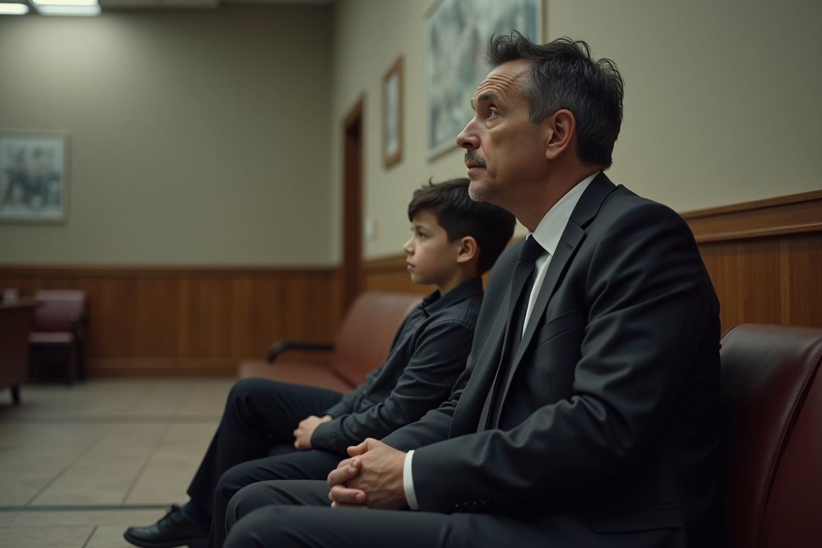 Homme pensif avec un enfant dans une salle d