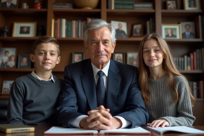 Homme d'âge moyen en costume navy avec enfants dans un bureau élégant