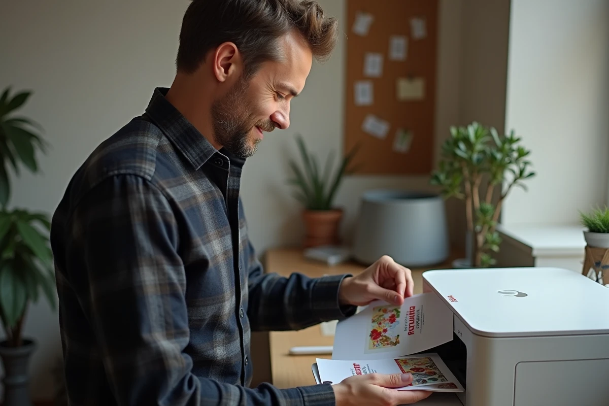 Homme récupérant une carte de Noël imprimée depuis son imprimante à domicile avec un air satisfait
