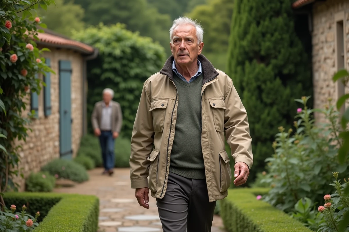 Homme d'âge mûr se promenant seul dans un jardin français, illustrant la notion de vie privée préservée d'une personnalité publique