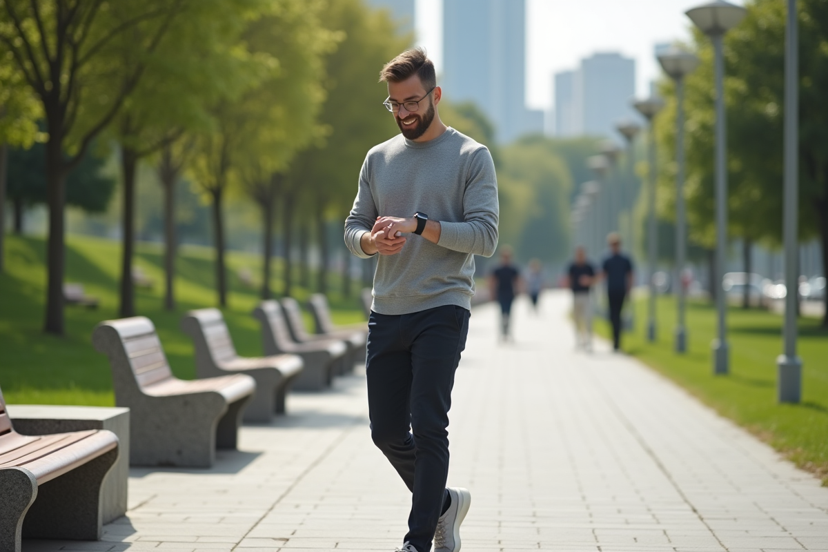 Homme de 31 ans marchant dans un parc urbain en été