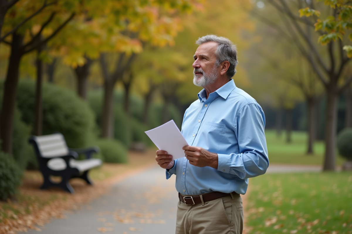 Homme d age lisant une lettre dans un parc en automne