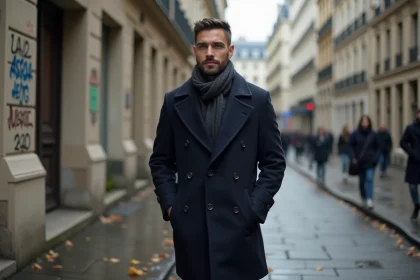 Jeune homme dans une rue parisienne pluvieuse