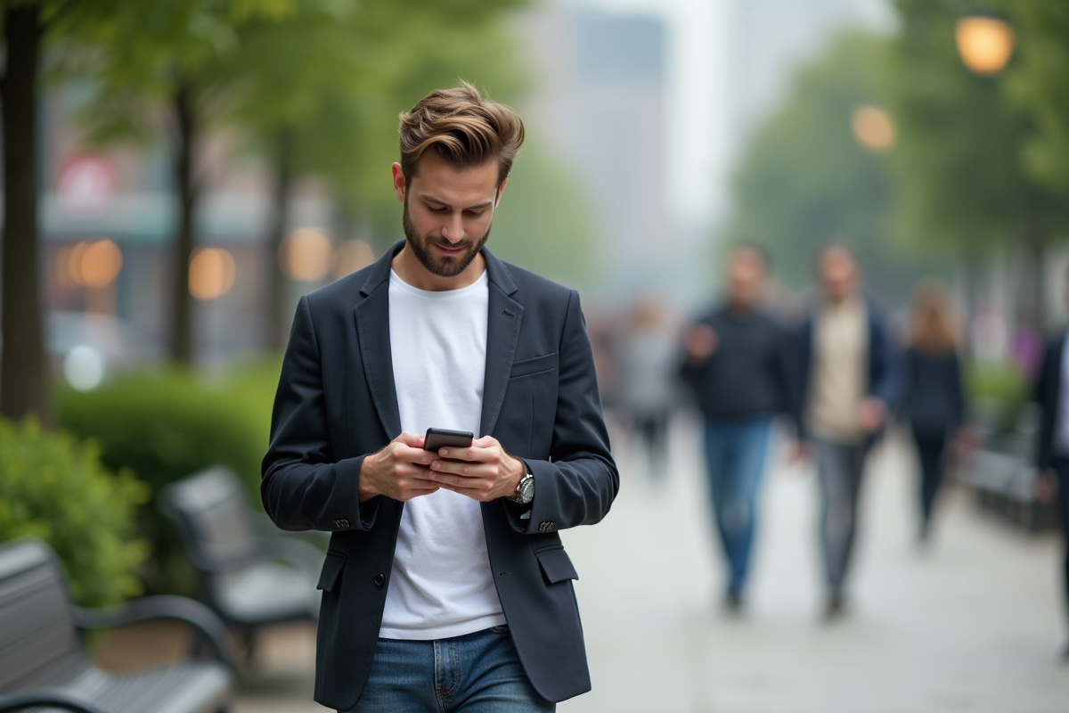 Jeune homme en ville compose un message dans un parc urbain