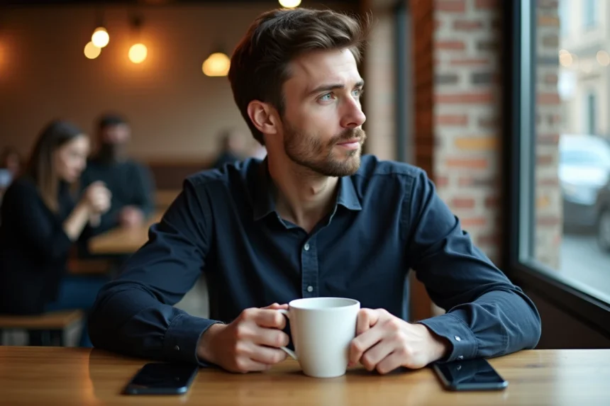 Homme pensif dans un café avec deux téléphones sur la table, illustrant la question du double vie et du polyamour