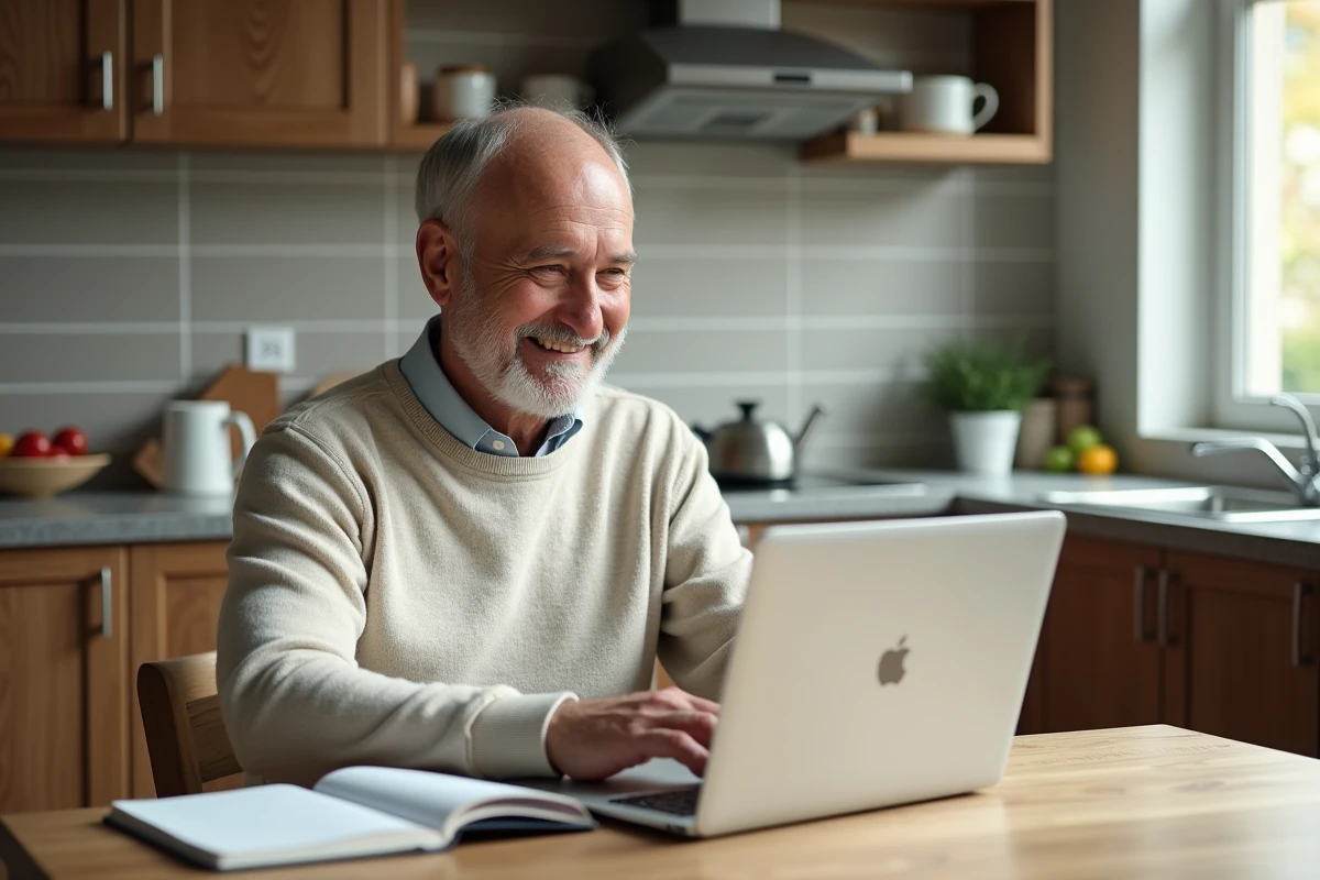 Homme senior souriant utilisant un ordinateur dans la cuisine