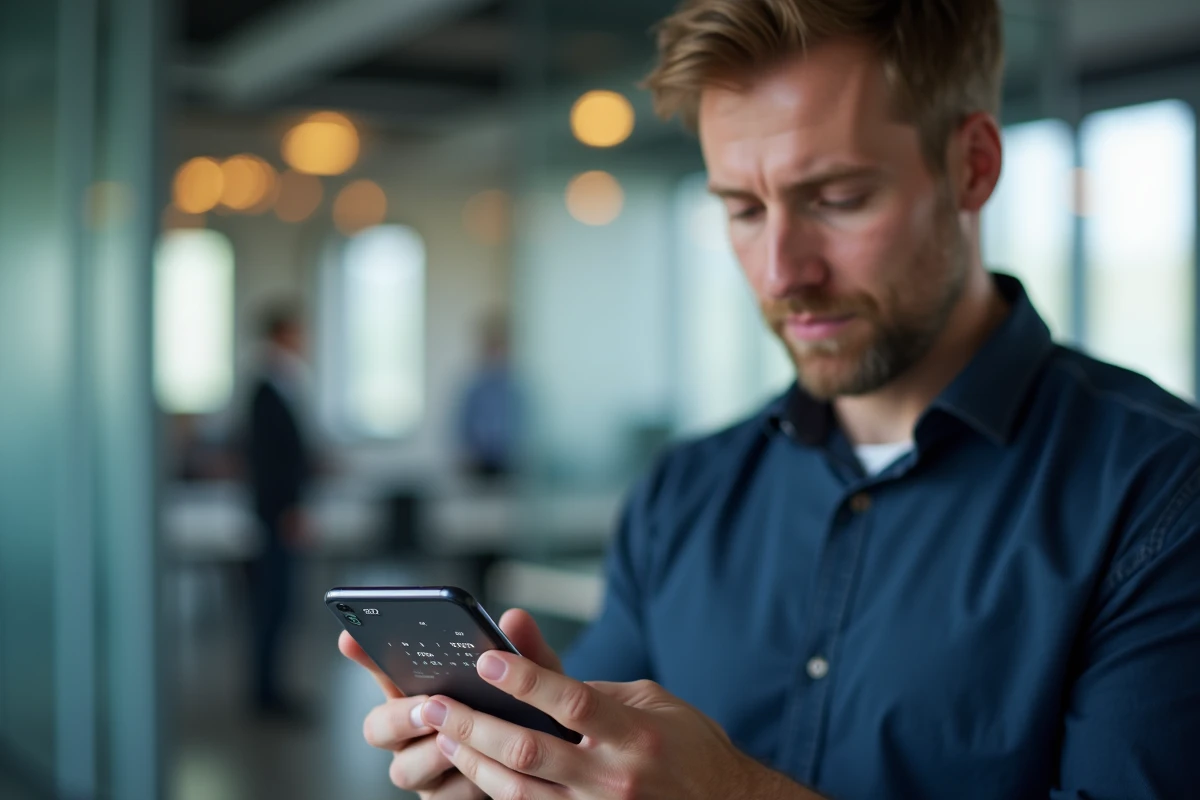 Homme en bureau consultant un planning Google Agenda 2026 avec numérotation des semaines paires et impaires sur smartphone