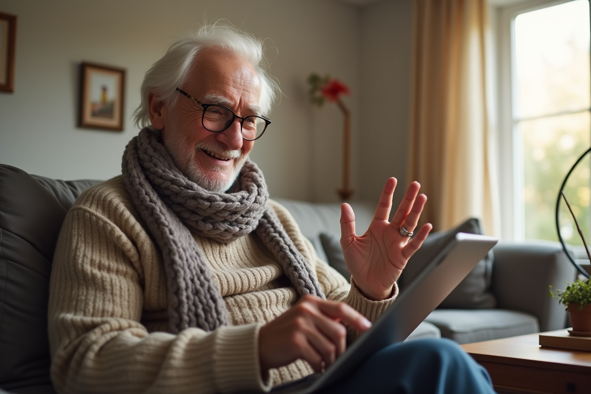 Homme âgé faisant un appel vidéo dans un salon lumineux