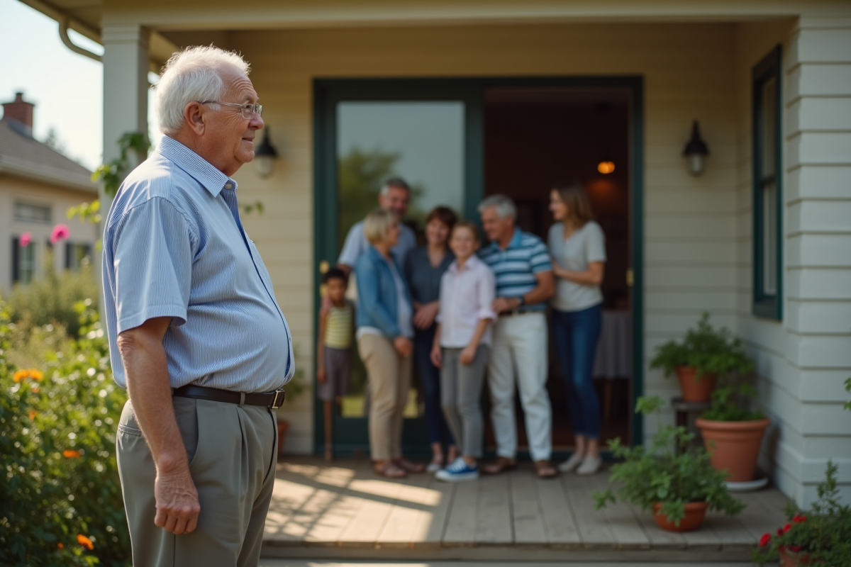 Homme âgé regardant dehors sur le porche en famille