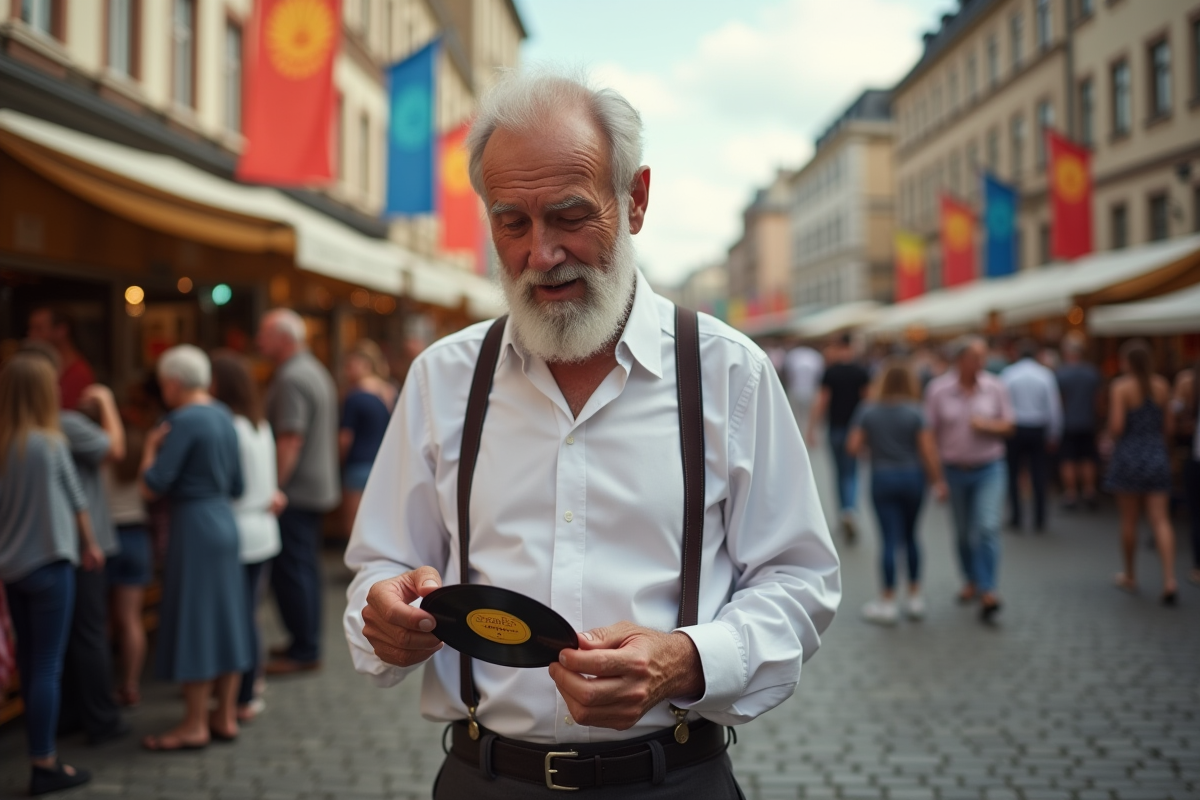 Homme âgé examinant un disque vintage lors d