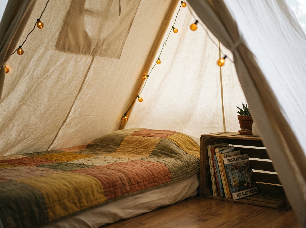 Intérieur d'un lit tipi enfant vu de l'entrée, avec couette patchwork, livres illustrés et guirlande lumineuse aux tons ambrés