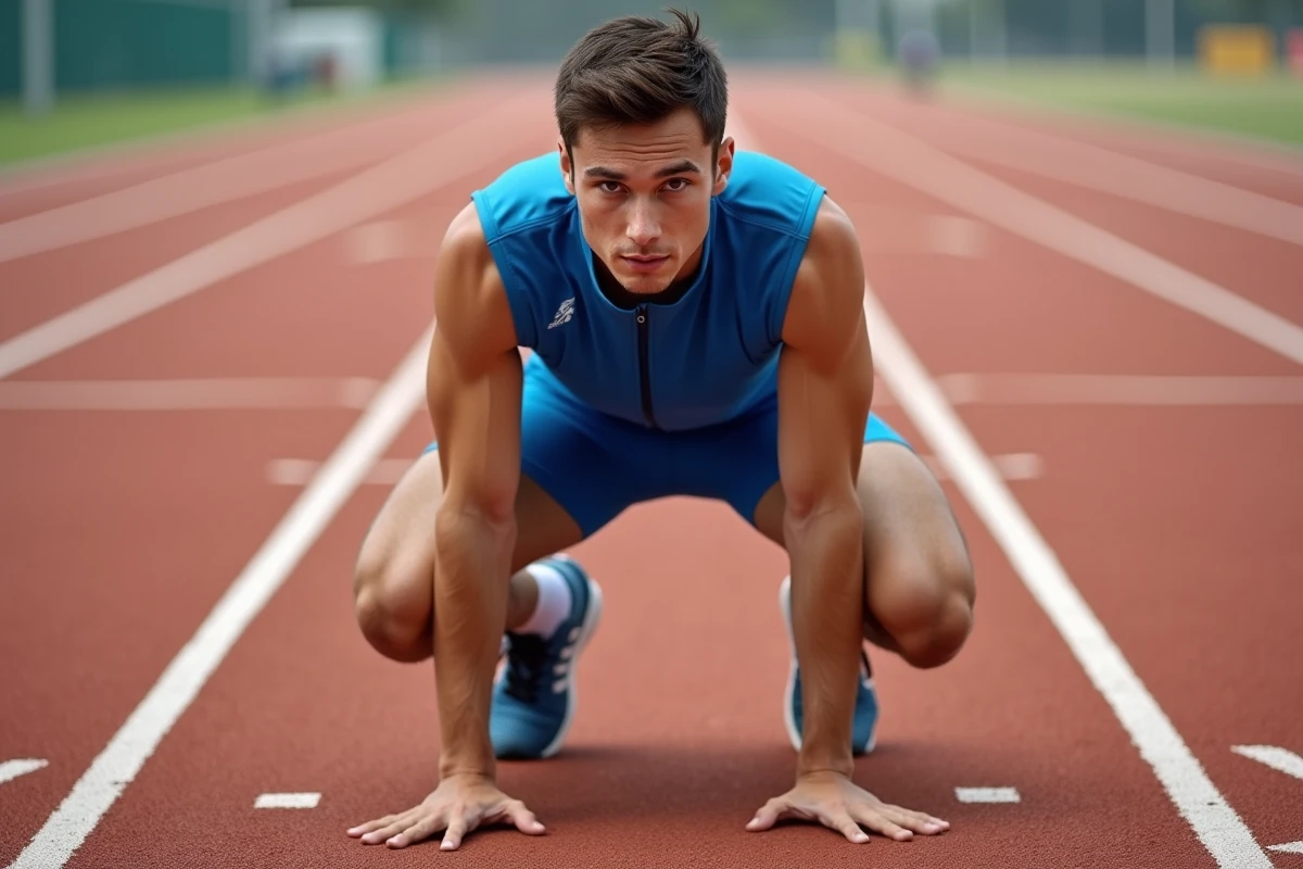 Jeune athlète masculin en position de départ sur une piste d'athlétisme, symbolisant la transmission de la passion sportive au sein d'une famille aux racines olympiques