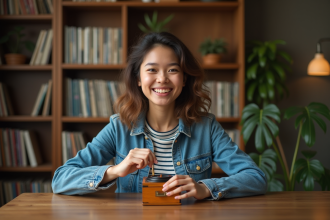 Jeune femme souriante avec boîte à musique vintage