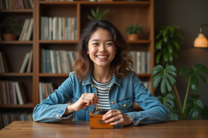 Jeune femme souriante avec boîte à musique vintage