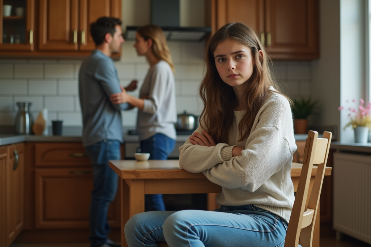 Jeune fille assise seule dans la cuisine en frustration