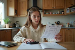 Jeune fille responsable en cuisine avec calculatrice