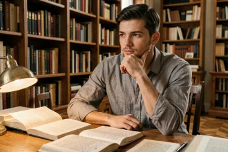 Jeune homme pensif assis dans une bibliothèque entourée de livres, illustrant la réflexion intellectuelle et l'identité personnelle