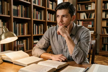Jeune homme pensif assis dans une bibliothèque entourée de livres, illustrant la réflexion intellectuelle et l'identité personnelle