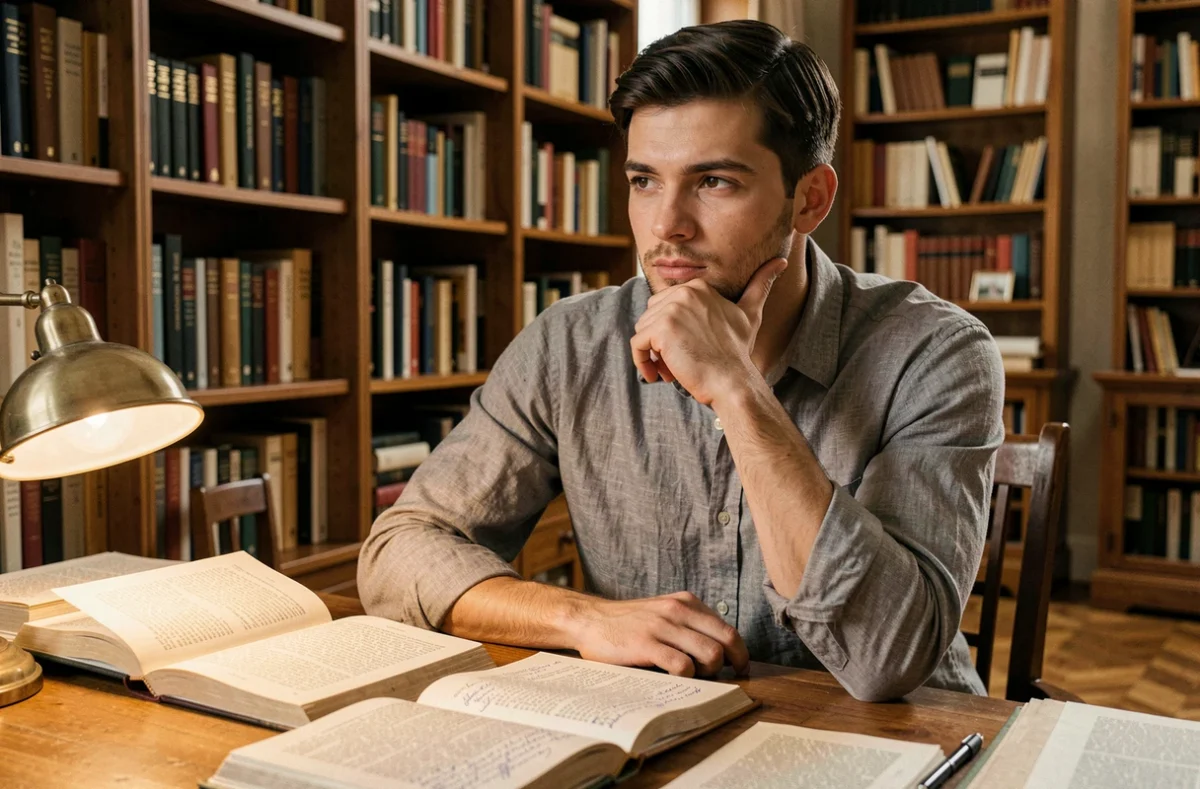 Jeune homme pensif assis dans une bibliothèque entourée de livres, illustrant la réflexion intellectuelle et l'identité personnelle