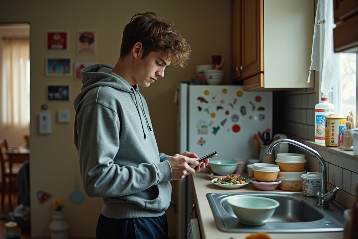 Jeune homme dans une cuisine en désordre regardant son téléphone