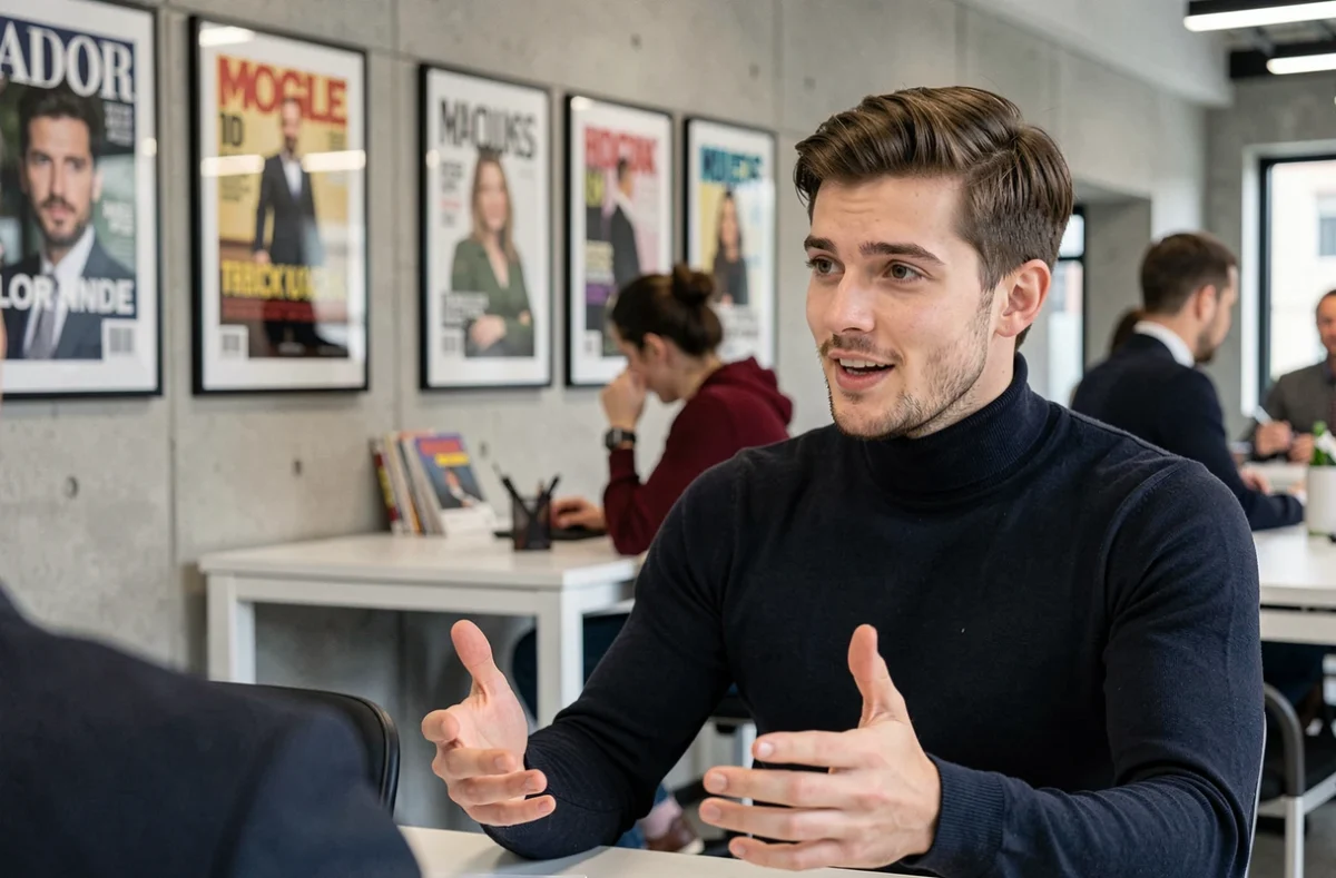 Jeune homme en entretien dans un bureau éditorial moderne, exprimant ses idées avec authenticité