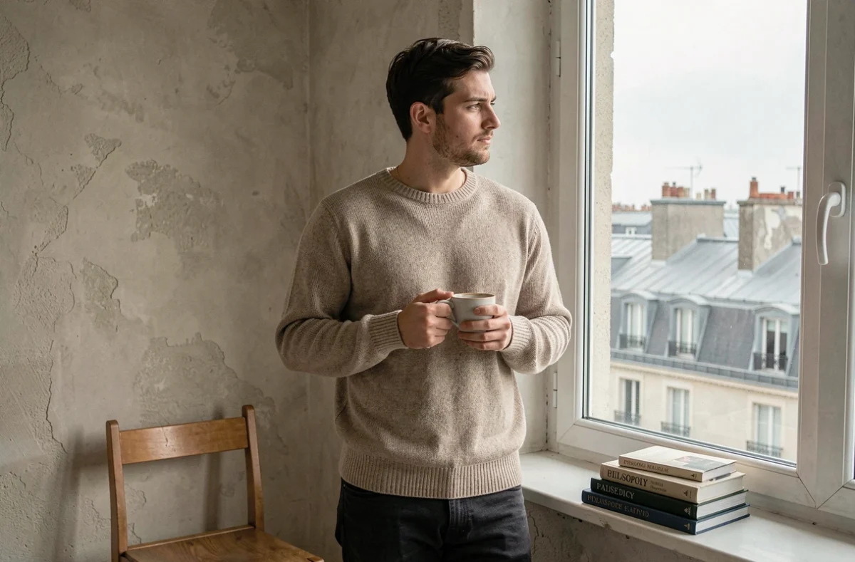 Jeune homme contemplatif près d'une fenêtre avec vue sur les toits de Paris, symbolisant l'introspection et l'identité