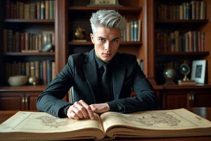 Jeune homme en costume noir dans un bureau ancien