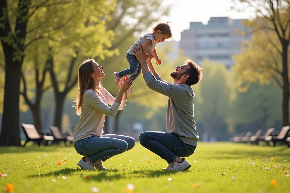 Jeune mère et père jouant avec leur enfant dans un parc
