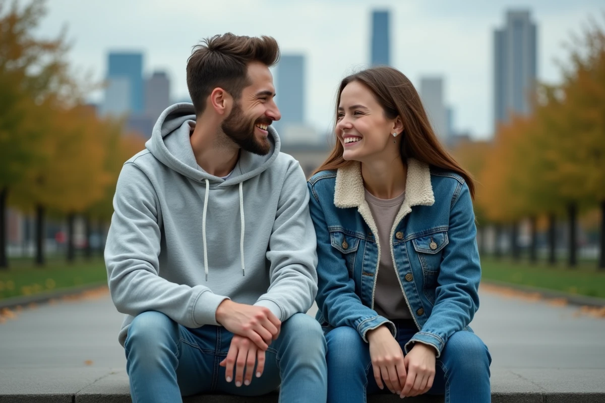 Deux jeunes adultes souriant et discutant sur les marches d'un parc urbain, illustrant une vie normale et détendue malgré un héritage familial sportif reconnu