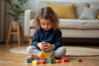 Petite fille de 3 ans jouant avec des cubes en bois colorés sur le parquet d'un salon chaleureux