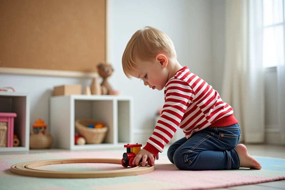 Garçon de 3 ans jouant avec un train en bois dans une salle de jeux organisée avec des jouets abordables