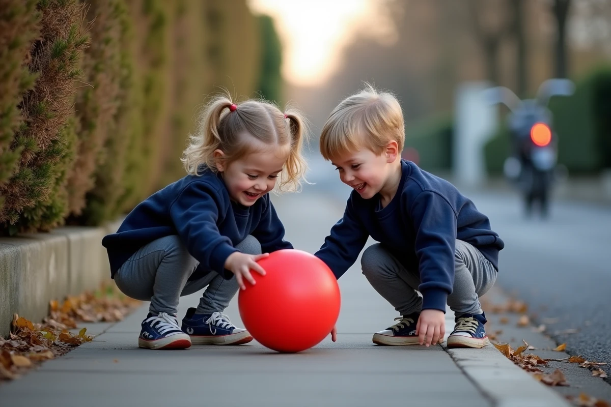 Frère et sœur de 4 ans jouant avec un ballon rouge en extérieur dans une rue résidentielle après l'école