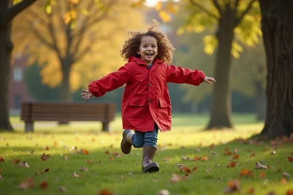 Petite fille de 4 ans courant en plein air dans un parc après l'école, vêtue d'un imperméable rouge et de bottes en caoutchouc