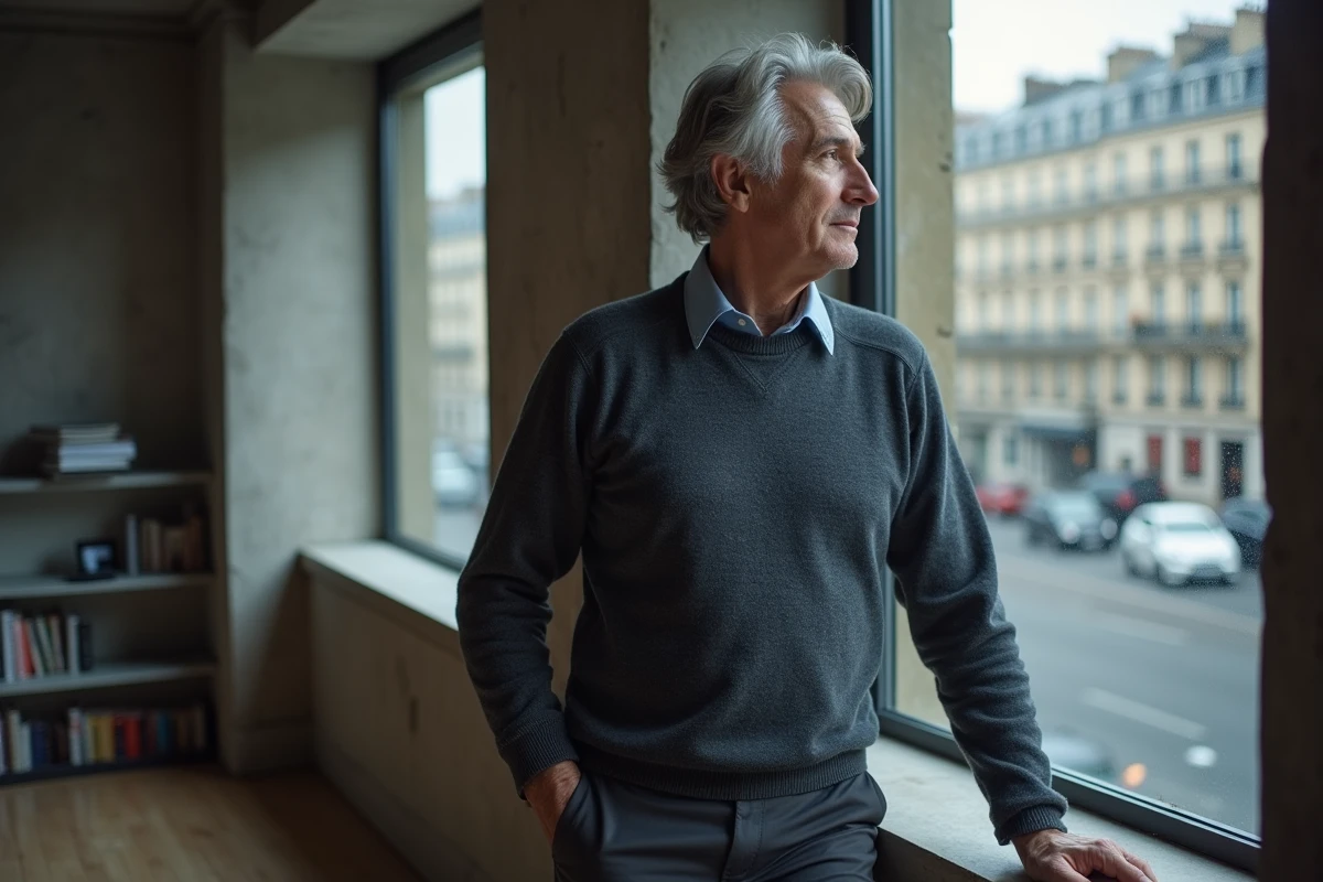 Homme pensif regardant par la fenêtre d'un appartement parisien moderne, évoquant la séparation et la nouvelle vie