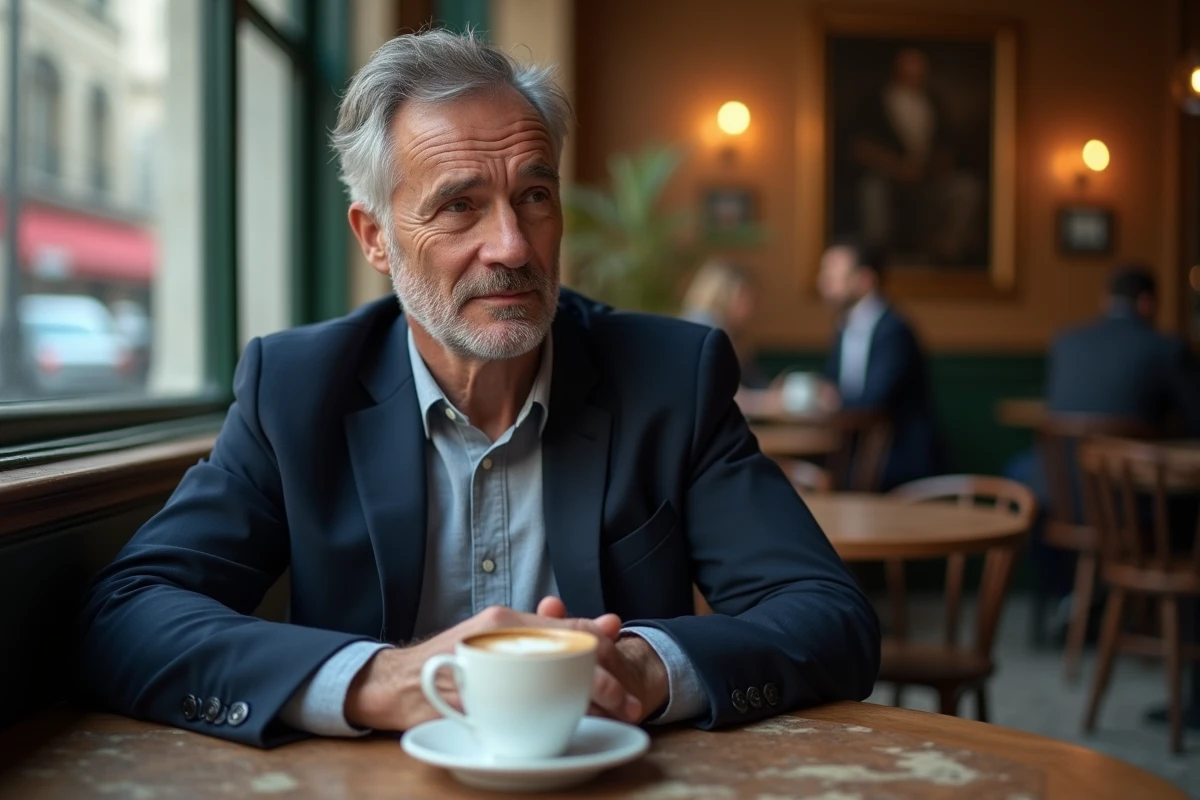 Jonathan Halls, mari de Maryse Burgot, réfléchi dans un café parisien en 2026, séparation et nouvelle vie