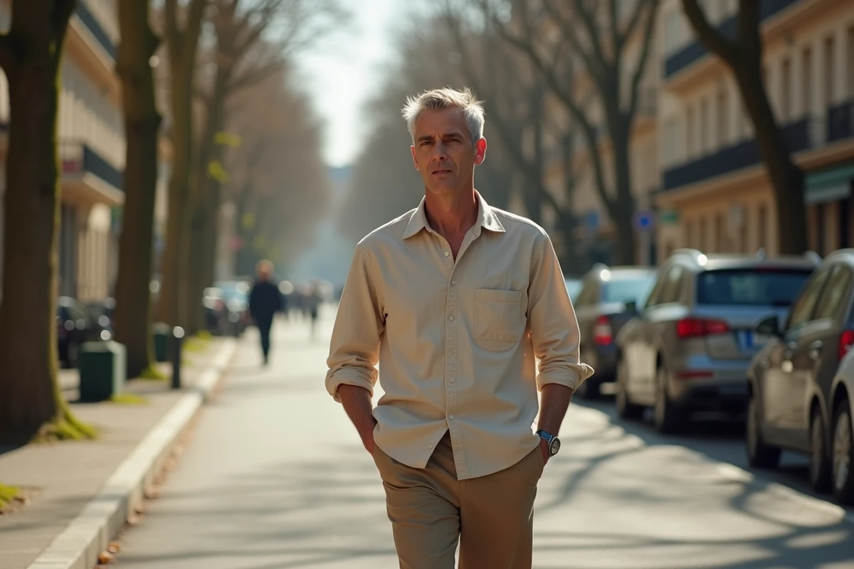 Homme marchant seul sur un boulevard parisien au printemps, symbolisant une nouvelle vie après une séparation