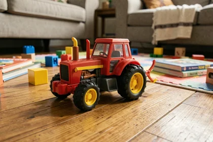 Jouet tracteur agricole rouge et jaune en plastique posé sur un parquet en bois dans un salon avec des jouets autour