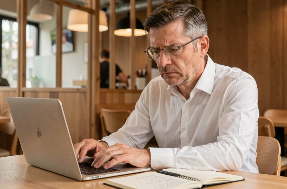 Journaliste réfléchissant aux limites éthiques de la vie privée des personnalités publiques dans un café