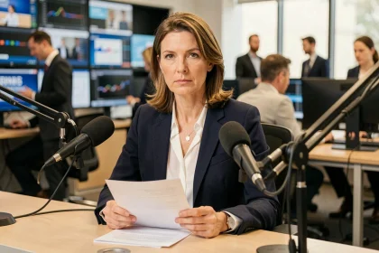 Journaliste française professionnelle assise à un bureau de plateau télé dans une salle de rédaction moderne, illustrant un article sur Anne Charlène Bezzina