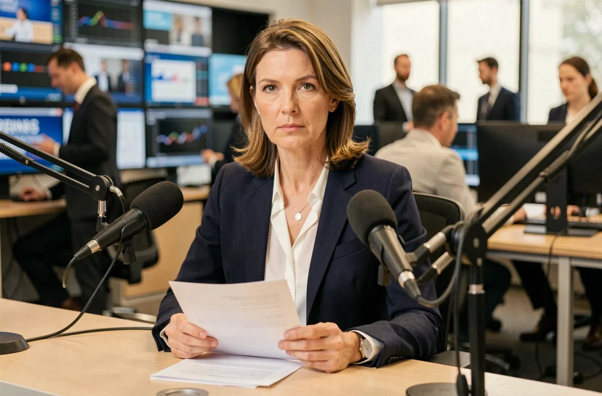 Journaliste française professionnelle assise à un bureau de plateau télé dans une salle de rédaction moderne, illustrant un article sur Anne Charlène Bezzina
