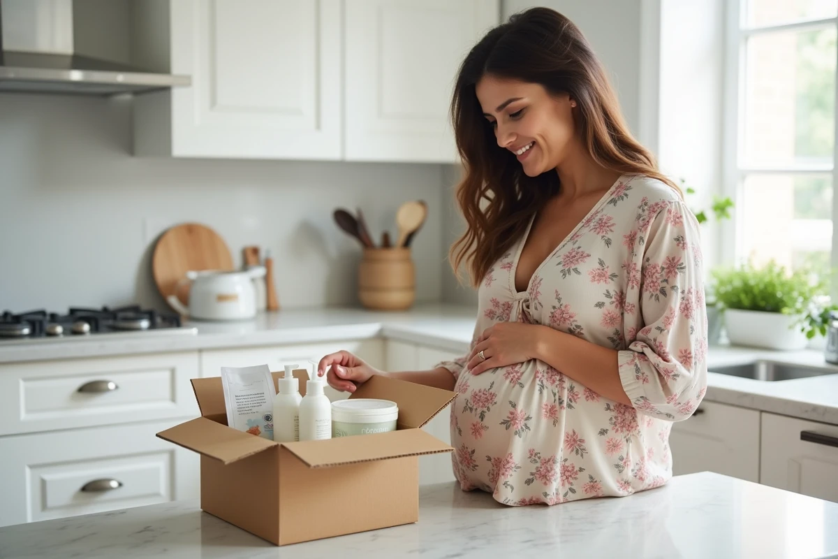 Femme enceinte déballant une boîte d'échantillons gratuits pour bébé sur un plan de travail en marbre blanc