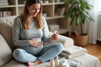 Jeune femme enceinte inspectant un kit d'échantillons gratuits pour bébé posés sur un canapé en lin beige